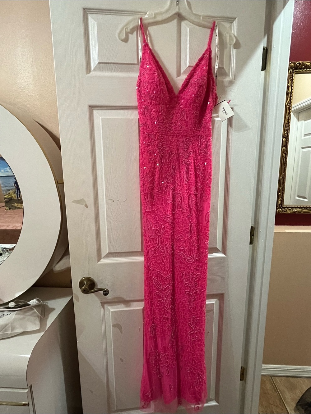 Jules and Cleo Hot Pink Beaded Spaghetti Strap Evening Gown